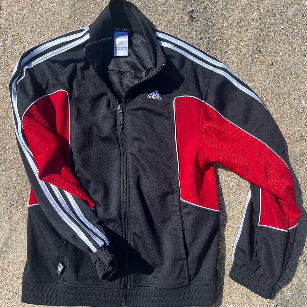 Adidas track suit zip jacket boys L black and red